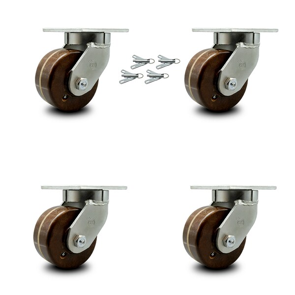 6 Inch Heavy Duty High Temp Phenolic Swivel Caster Set with Swivel Locks, 4PK